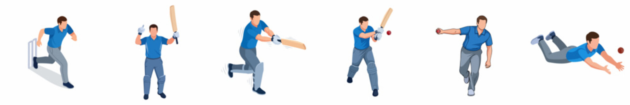 Isometric Active Man Cricket Player in Various Playing Actions Illustration