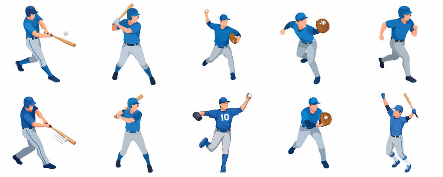 Flat Style Different Pose Baseball Player Action Silhouette Icon Set