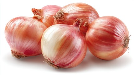 Five whole Shallots are clustered together. The Shallots have pink and orange skin and are displayed against a stark white background