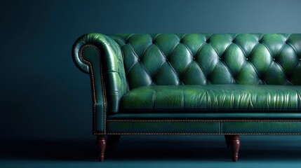 A luxurious, tufted, green leather Chesterfield sofa stands on a dark teal background. The sofa has wood legs and nailhead trim, presenting a classic design
