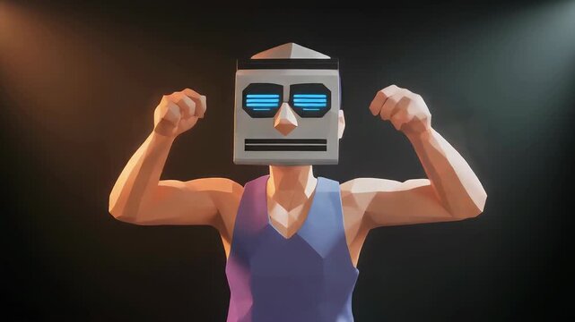 Low-poly character wearing a futuristic blocky mask performs under dramatic lighting.