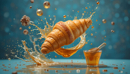Croissant soaring with honey splashing in vibrant dynamic motion