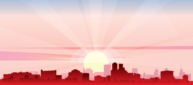 Red panoramic poster of the city skyline with misty background buildings, sunrise, moon and clouds of DENVER, UNITED STATES