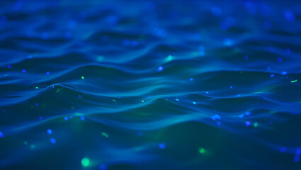 Blue water surface with gentle waves and glowing particles  
