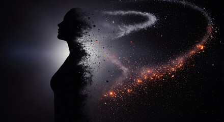 Fototapeta premium Abstract silhouette of a woman dissolving into cosmic particles 