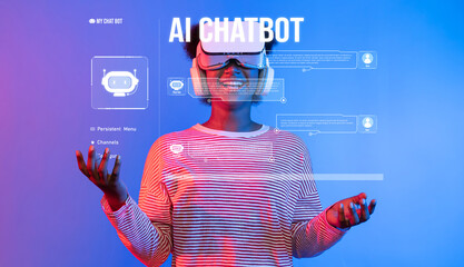 A joyful woman wearing a virtual reality headset interacts with a chatbot interface, showcasing the advanced technology of AI in communication and personal assistance. XDMCP
