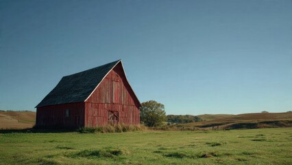 Obraz premium Rustic Red Barn in Sunny Rural Landscape