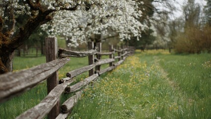 Fototapeta premium Scenic Blossom Tree and Rustic Fence