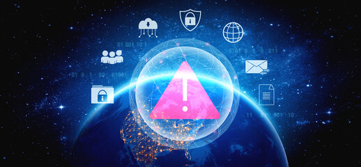 Red warning triangle representing a cybersecurity threat or data breach alert, surrounded by digital security and network protection icons, symbolizing cyber risk awareness Parse