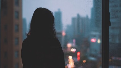 Silhouette of a woman gazing out rainy window