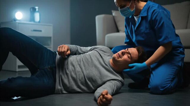 Medical professional providing aid to a person experiencing an episode, possibly a seizure, offering care and support during a health crisis