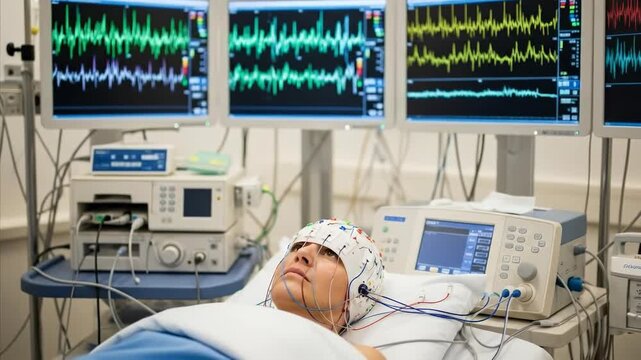 Patient undergoing electroencephalogram EEG monitoring with brainwave patterns displayed on multiple screens for epilepsy diagnosis and neurological study
