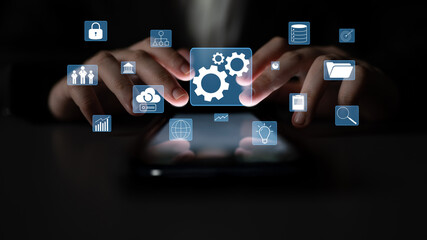A concept of business operations and enterprise system integration. The components of a company including security, data, and cloud infrastructure. Motif