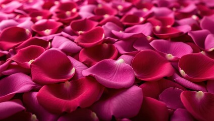 A captivating display of romantic fuchsia and crimson rose petals forming a vibrant, textured carpet of floral beauty