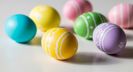 Colorful Easter eggs arranged on white background  