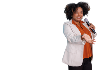 Black woman public speaker holding microphone, presenting and engaging audience, transparent background