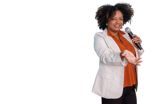 Black woman public speaker holding microphone, presenting and engaging audience, transparent background