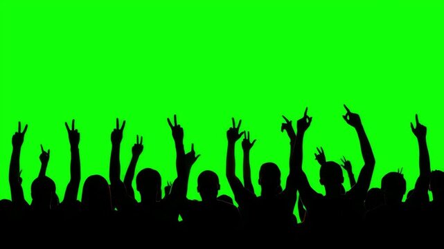 Silhouettes of a cheering crowd of people with hands raised on a green screen background for events