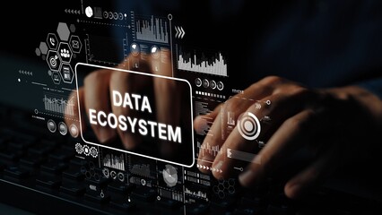 Hands Typing on Keyboard with Data Ecosystem Concept Illustration and Modern Technology Elements in Dark Room. Asymptotic smart data analytic.