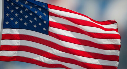 Obraz premium American flag waving in the wind against blue sky background 