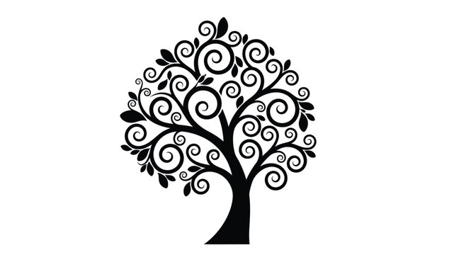 a black silhouette of a tree with curly branches and leaves