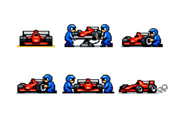 Naklejka premium Pixel art racing car pit stop sequence in action