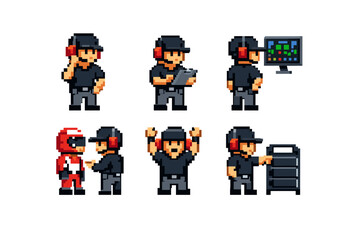 Fototapeta premium Pixel art racing team principal in six action poses