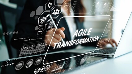 Business Professional Engaged in Agile Transformation with Digital Interface and Data Analysis Graphics. Asymptotic smart data analytic.