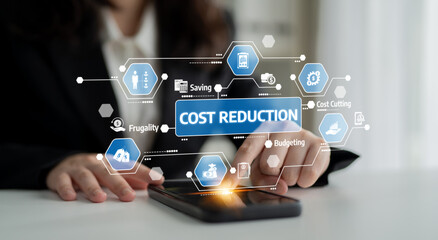 A business professional interacts with a smartphone, displaying digital icons representing cost reduction strategies like saving, budgeting, and efficiency for better financial management. Tessel