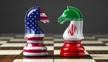 US and Iran knight chess pieces facing off on chessboard, symbolizing strategic geopolitical confrontation.