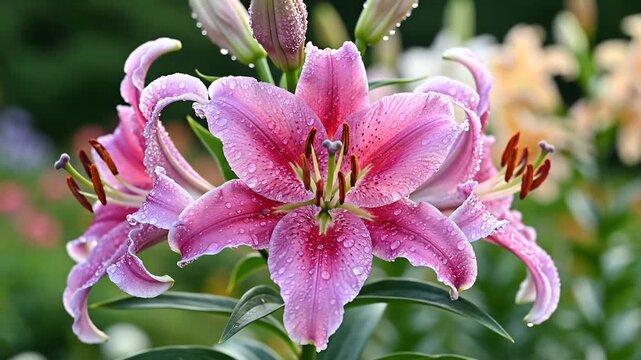 Close up of a beautiful pink lily flower with water droplets in a garden setting.