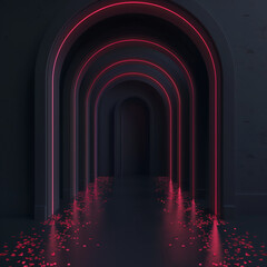 Ultra Luxury Dark Romantic Backdrop: Dark futuristic hallway with neon pink arches and scattered rose petals