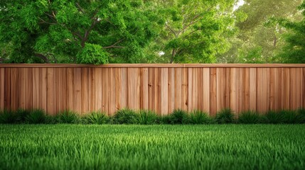 Fototapeta premium Wooden backyard fence with detailed natural grain texture, lush green grass and trees, serene outdoor setting with empty copy space, photorealistic style.