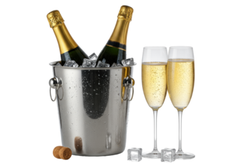Dark champagne bottle with gold foil in a steel ice bucket with clear ice, next to crystal flutes with effervescent liquid, white studio background, luxurious beverage concept.