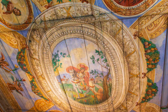 Beautiful fresco on the wooden ceiling in the chapel of Saint Martin in the Verena Gorge Hermitage, to the north of the city of Solothurn, Switzerland