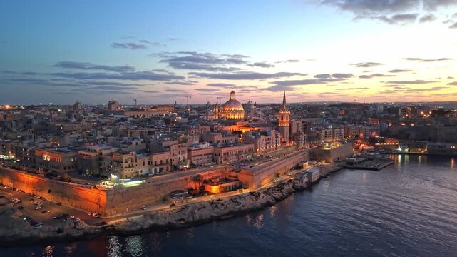 Aerial images of the town of Valetta, Malta, during sunset, 1-inch sensor, 4k 30fps