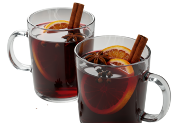 Two clear glass mugs with steaming, ruby-red mulled wine, garnished with cinnamon, star anise, cloves, and dried orange, on a transparent background. Festive winter drink atmosphere