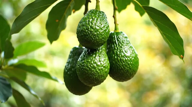 Fresh Green Avocados Hanging from a Tree Branch in a Lush Orchard.