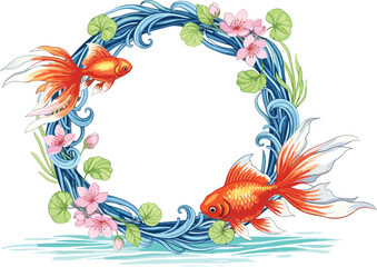 Obraz premium Two goldfish swim in a circular floral wreath with pink flowers and green leaves, illustration, top view