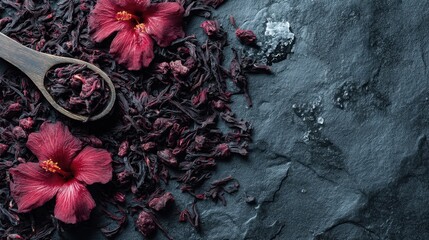 Spoonful of dried flowers is on a black surface. The spoon is wooden