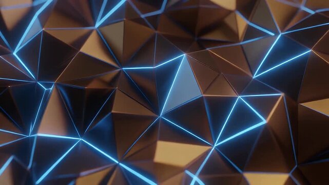 Abstract low poly 3D surface texture with glowing blue neon edge lighting.