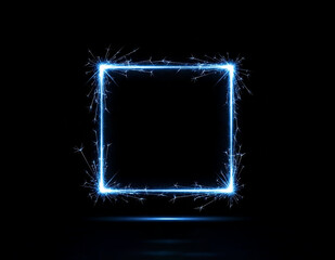 Blue square sparkler frame on black background with reflection light