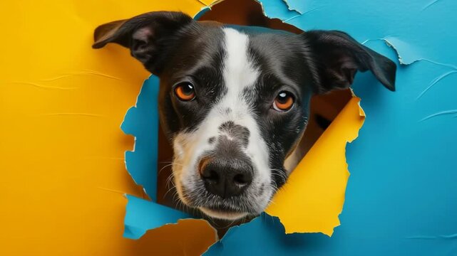 Curious black and white dog peeking through torn paper