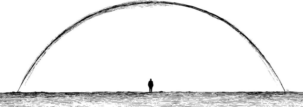 Silhouetted figure under large arch in monochrome ink drawing