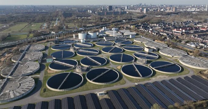 Wastewater treatment plant and solar panels aerial view