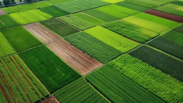 Drone flying above green agricultural farmland patchwork