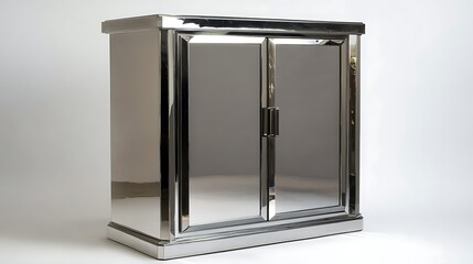 A compact luxury cabinet with mirrored doors and a metallic frame 