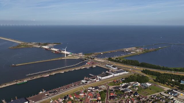 Aerial view of kornwerderzand and afsluitdijk causeway in the netherlands