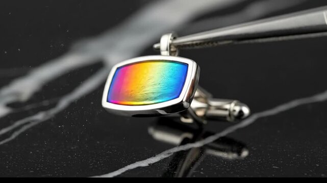 Close up of a colorful cufflink held by tweezers against a marble surface