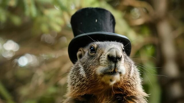 Elegant groundhog wearing a top hat predicting spring